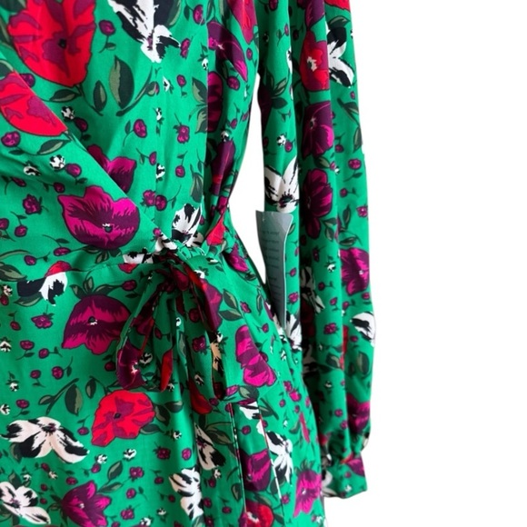 Melloday Green Floral Wrap Midi Dress Small – Long Sleeve Ruffle Hem V-Neck - Picture 6 of 10